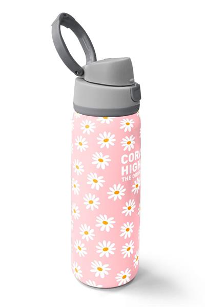 Coral High 800 ml Kız Çocuk Pembe Beyaz Papatya Desenli Pipetli ve Direkt İçim Çelik Termos/Matara - 38502