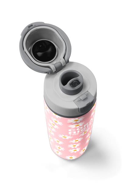 Coral High 800 ml Kız Çocuk Pembe Beyaz Papatya Desenli Pipetli ve Direkt İçim Çelik Termos/Matara - 38502