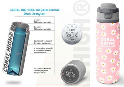 Coral High 800 ml Kız Çocuk Pembe Beyaz Papatya Desenli Pipetli ve Direkt İçim Çelik Termos/Matara - 38502
