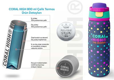 Coral High 800 ml Kız Çocuk Puantiyeli Lacivert Desenli Pipetli ve Direkt İçim Çelik Termos/Matara - 38534