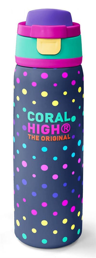 Coral High 800 ml Kız Çocuk Puantiyeli Lacivert Desenli Pipetli ve Direkt İçim Çelik Termos/Matara - 38534