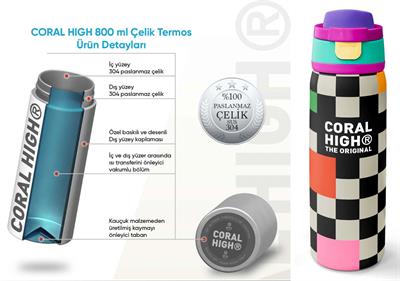 Coral High 800 ml Kız Çocuk Siyah Beyaz Dama Desenli Pipetli ve Direkt İçim Çelik Termos/Matara - 38504