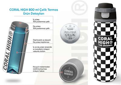 Coral High 800 ml Kız Çocuk Siyah Beyaz Dama Desenli Pipetli ve Direkt İçim Çelik Termos/Matara - 38538
