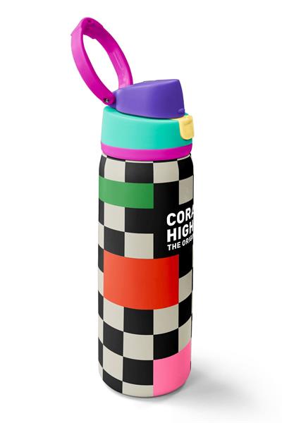 Coral High 800 ml Kız Çocuk Siyah Beyaz Dama Desenli Pipetli ve Direkt İçim Çelik Termos/Matara - 38504