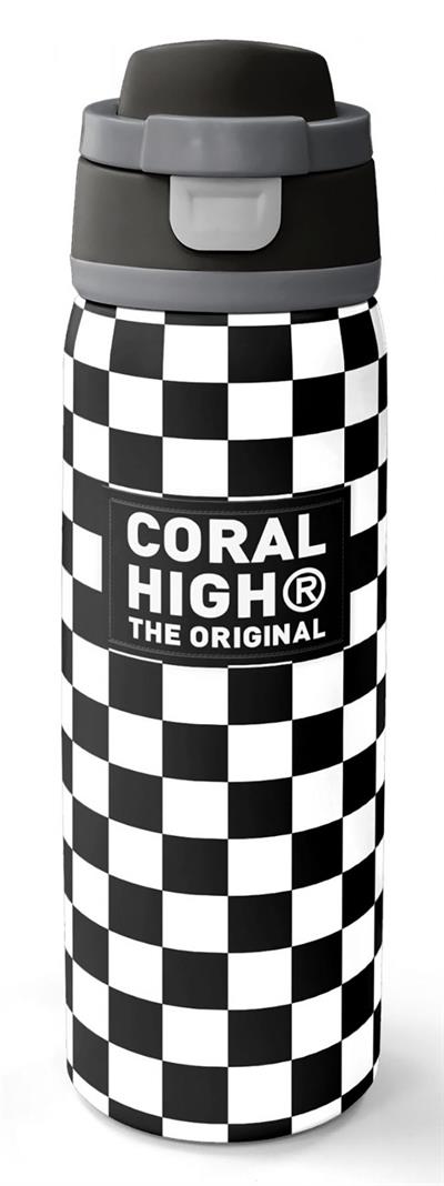 Coral High 800 ml Kız Çocuk Siyah Beyaz Dama Desenli Pipetli ve Direkt İçim Çelik Termos/Matara - 38538