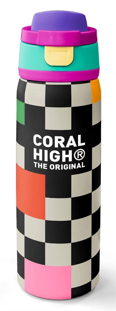 Coral High 800 ml Kız Çocuk Siyah Beyaz Dama Desenli Pipetli ve Direkt İçim Çelik Termos/Matara - 38504