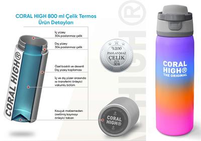 Coral High 800 ml Kız Çocuk Turuncu Mor Renk Geçişli Pipetli ve Direkt İçim Çelik Termos/Matara - 38536