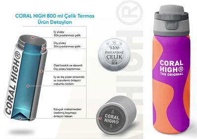 Coral High 800 ml Kız Çocuk Turuncu Mor Renkli Çizgili Pipetli ve Direkt İçim Çelik Termos/Matara - 38544