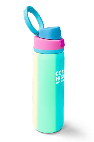 Coral High 800 ml Kız Çocuk Yeşil Pembe Sarı Çizgi Desenli Pipetli ve Direkt İçim Çelik Termos/Matara - 38519