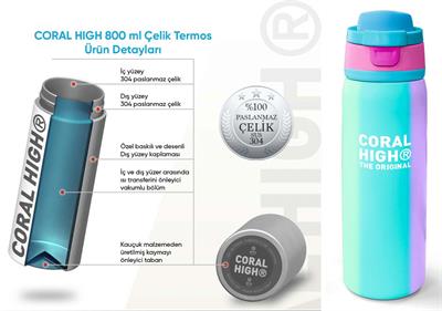 Coral High 800 ml Kız Çocuk Yeşil Pembe Sarı Çizgi Desenli Pipetli ve Direkt İçim Çelik Termos/Matara - 38519