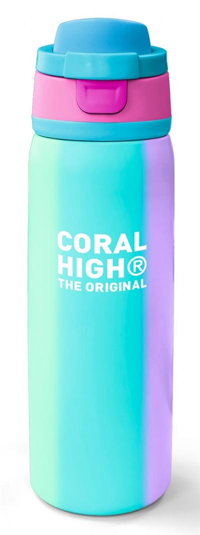 Coral High 800 ml Kız Çocuk Yeşil Pembe Sarı Çizgi Desenli Pipetli ve Direkt İçim Çelik Termos/Matara - 38519