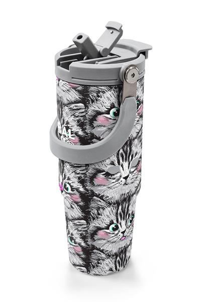 Coral High 900 ml Kız Çocuk Gri Kedi Desenli Çelik Termos /Matara - 38711