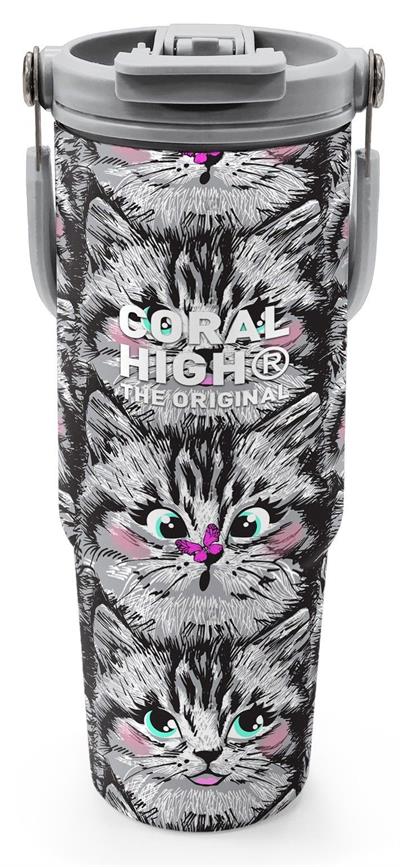 Coral High 900 ml Kız Çocuk Gri Kedi Desenli Çelik Termos /Matara - 38711