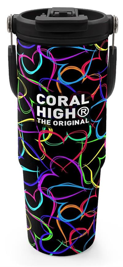 Coral High 900 ml Kız Çocuk Kalp Baskılı Siyah Pembe Çelik Termos /Matara - 38727