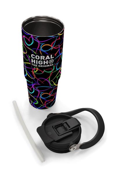 Coral High 900 ml Kız Çocuk Kalp Baskılı Siyah Pembe Çelik Termos /Matara - 38727