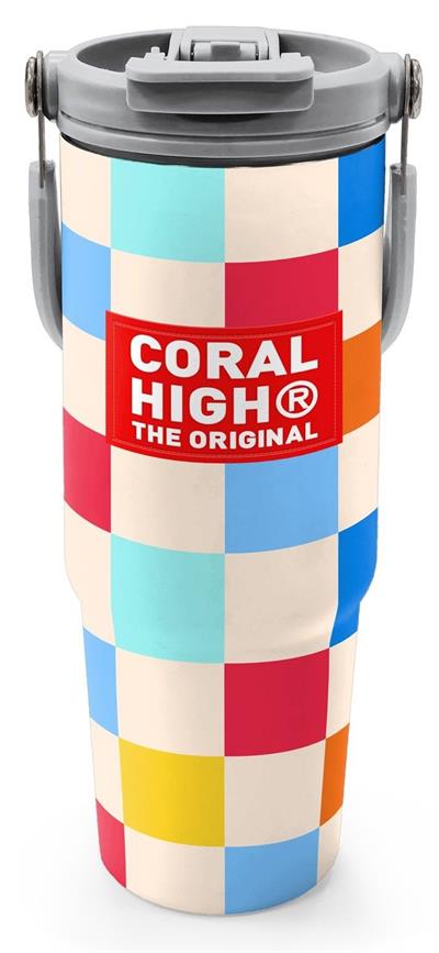Coral High 900 ml Kız Çocuk Kırmızı Çok Renkli Dama Desenli Çelik Termos /Matara - 38702