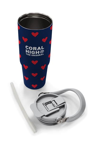 Coral High 900 ml Kız Çocuk Lacivert Kırmızı Kalp Desenli Çelik Termos /Matara - 38705