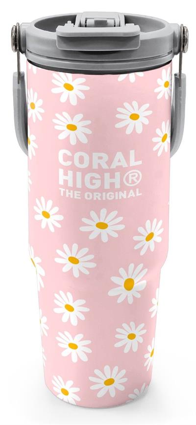 Coral High 900 ml Kız Çocuk Pembe Beyaz Papatya Desenli Çelik Termos /Matara - 38701