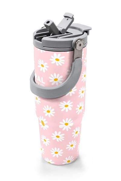 Coral High 900 ml Kız Çocuk Pembe Beyaz Papatya Desenli Çelik Termos /Matara - 38701
