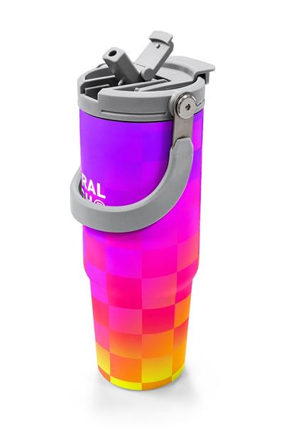 Coral High 900 ml Kız Çocuk Sarı Mor Dama Desenli Çelik Termos /Matara - 38729