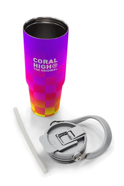 Coral High 900 ml Kız Çocuk Sarı Mor Dama Desenli Çelik Termos /Matara - 38729