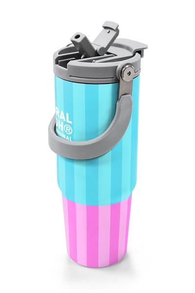 Coral High 900 ml Kız Çocuk Turkuaz Pembe Çizgi Desenli Çelik Termos /Matara - 38747