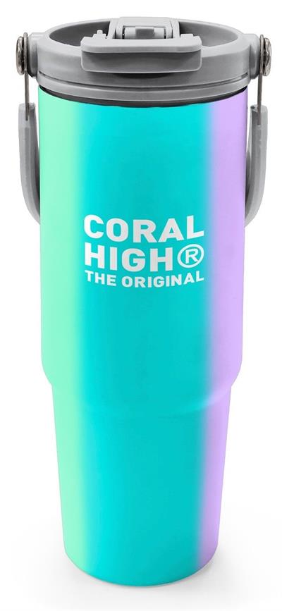Coral High 900 ml Kız Çocuk Yeşil Pembe Sarı Çizgi Desenli Çelik Termos /Matara - 38708