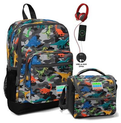 Coral High Baskılı Okul Çanta Seti Gri Yeşil Dinazor Kamuflaj - Erkek Çocuk