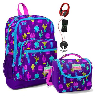 Coral High Baskılı Okul Çantası ve Beslenme Çantası Seti - Kız Çocuk Mor Kaktüs - USB Soketli