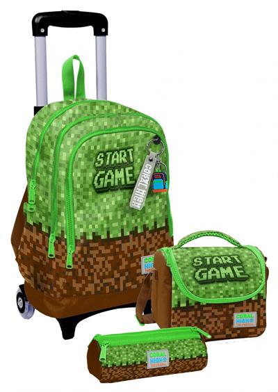 Coral High Çekçek Tekerlekli Erkek Çocuk, Yeşil Kahverengi Craft, İlkokul Üçlü Okul Çanta Seti
