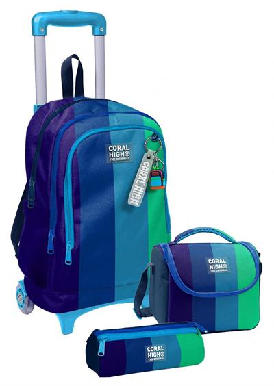 Coral High Çekçek Tekerlekli Erkek Çocuk, Lacivert Yeşil Renkli Çizgili, İlkokul Üçlü Okul Çanta Seti