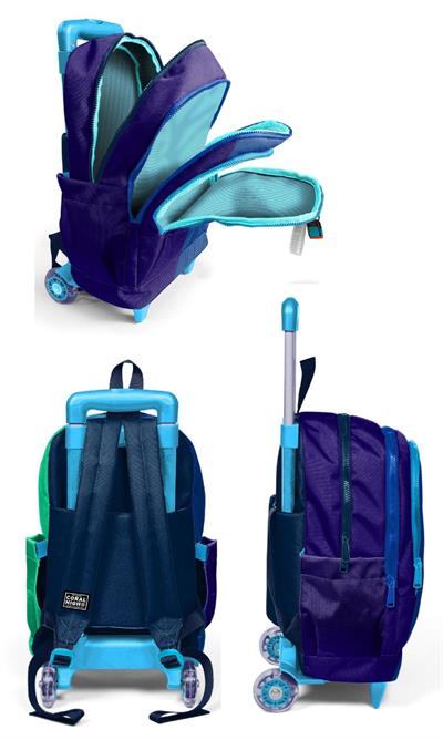 Coral High Çekçek Tekerlekli Erkek Çocuk, Lacivert Yeşil Renkli Çizgili, İlkokul Üçlü Okul Çanta Seti