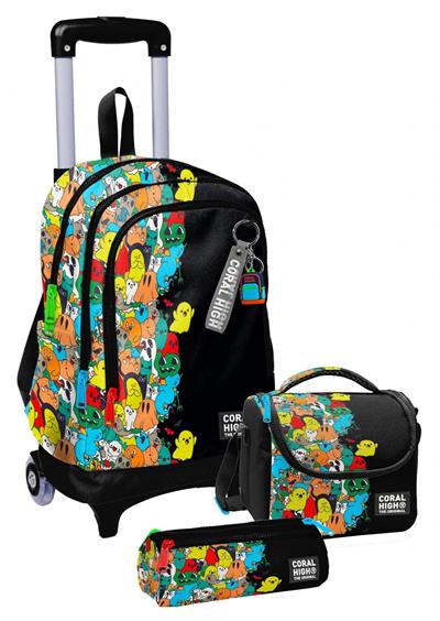 Coral High Çekçek Tekerlekli Erkek Çocuk, Siyah Hayaletler, İlkokul Üçlü Okul Çanta Seti