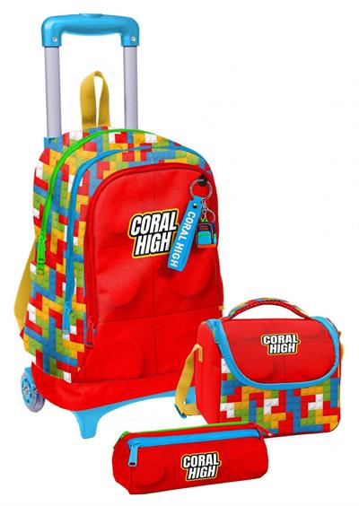 Coral High Çekçek Tekerlekli Erkek Çocuk, Kırmızı Yapı Blokları, İlkokul Üçlü Okul Çanta Seti