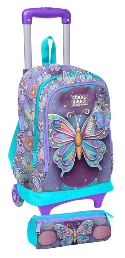 Coral High Çekçek Tekerlekli (Işıklı) Çanta ve Kalemlik - Kız Çocuk - Pastel Renkli Kelebek