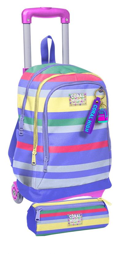 Coral High Çekçek Tekerlekli (Işıklı) Çanta ve Kalemlik - Kız Çocuk - Renkli Çizgi
