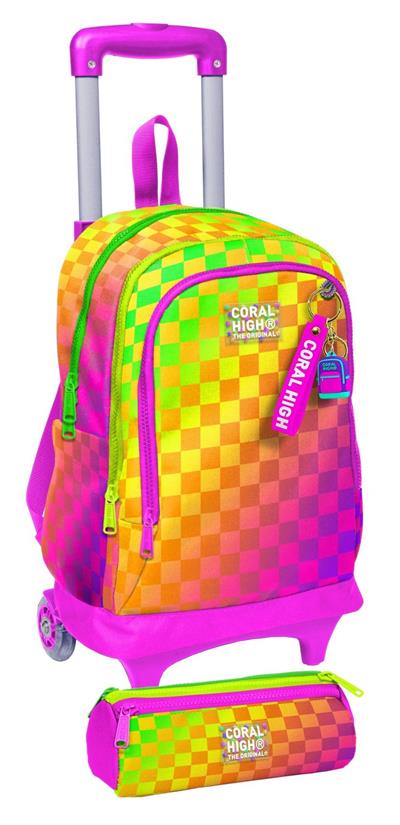 Coral High Çekçek Tekerlekli (Işıklı) Çanta ve Kalemlik - Kız Çocuk - Sarı Mor Dama
