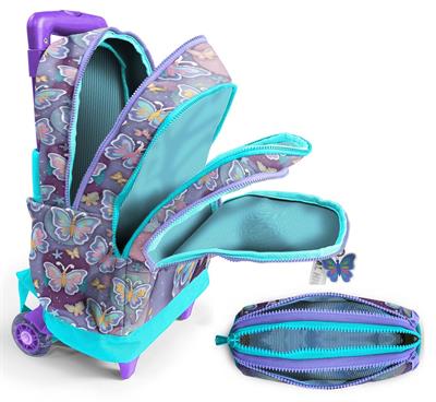 Coral High Çekçek Tekerlekli (Işıklı) Çanta ve Kalemlik - Kız Çocuk - Pastel Renkli Kelebek