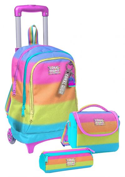 Coral High Çekçek Tekerlekli Kız Çocuk, Pembe Turuncu Renk Geçişli, İlkokul Üçlü Okul Çanta Seti