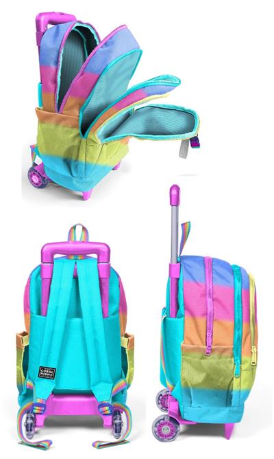 Coral High Çekçek Tekerlekli Kız Çocuk, Pembe Turuncu Renk Geçişli, İlkokul Üçlü Okul Çanta Seti