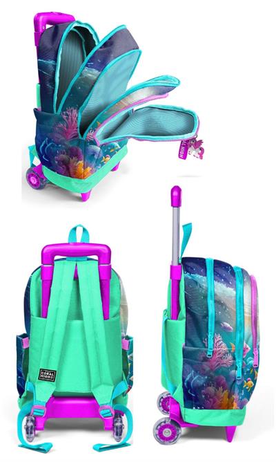 Coral High Çekçek Tekerlekli Kız Çocuk, Su Yeşili Denizatı, İlkokul Üçlü Okul Çanta Seti