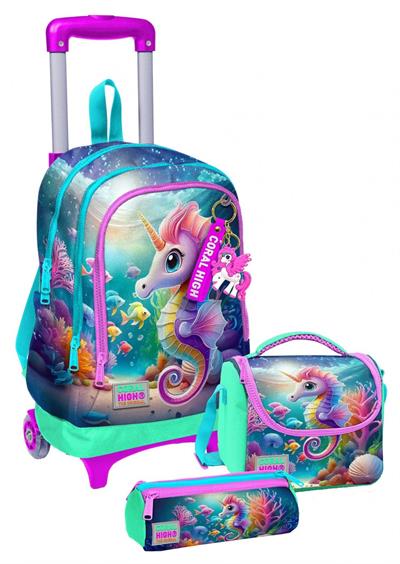 Coral High Çekçek Tekerlekli Kız Çocuk, Su Yeşili Denizatı, İlkokul Üçlü Okul Çanta Seti