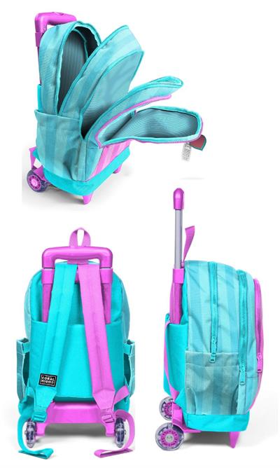 Coral High Çekçek Tekerlekli Kız Çocuk, Turkuaz Pembe Çizgili, İlkokul Üçlü Okul Çanta Seti