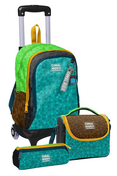 Coral High Çekçek Tekerlekli Üçlü İlkokul Çanta Seti Siyah Yeşil Kahverengi Craft Desenli Erkek Çocuk SETYGN34016A