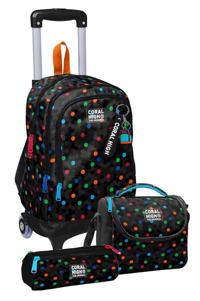 Coral High Çekçek Tekerlekli Üçlü İlkokul Çanta Seti Siyah Petek Desenli Erkek Çocuk SETYGN34010A