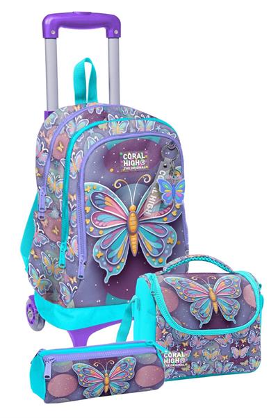 Coral High Çekçek Tekerlekli Üçlü İlkokul Çanta Seti Pastel Renkli Kelebek Desenli Kız Çocuk SETYGN34006A