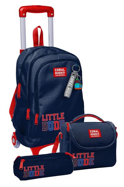 Coral High Çekçek Tekerlekli Üçlü İlkokul Çanta Seti Lacivert Kırmızı Little Dude Baskılı Erkek Çocuk SETYGN34019A
