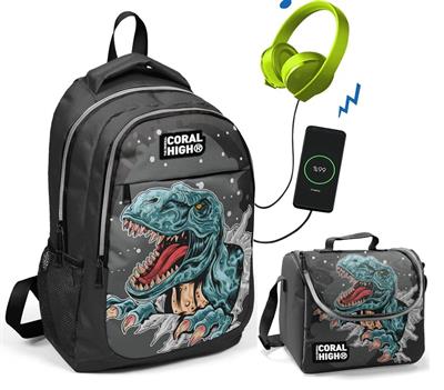 Coral High Dinazor Baskılı Okul ve Beslenme Çantası - Erkek - USB Soketli