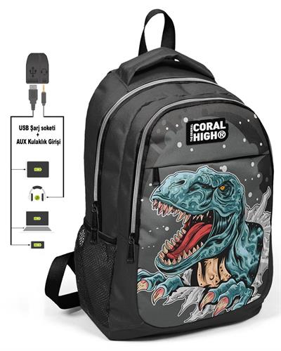 Coral High Dinazor Baskılı Okul ve Beslenme Çantası - Erkek - USB Soketli