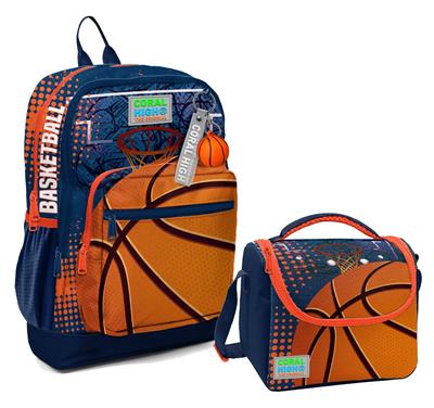 Coral High Dört Bölmeli Erkek Çocuk Okul Sırt Çantası ve Beslenme Seti - Turuncu Lacivert Basketbol